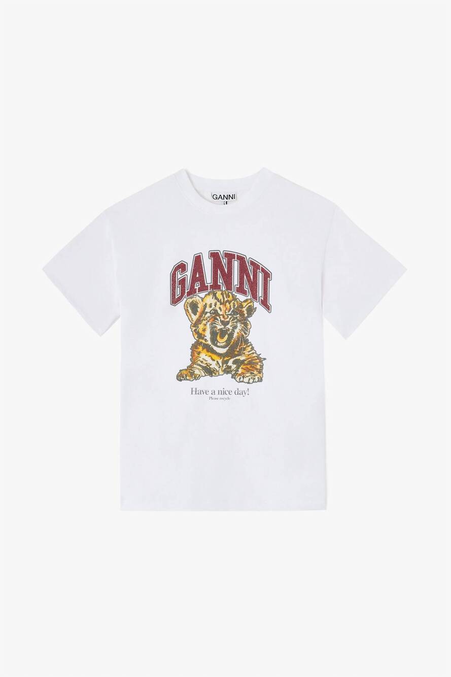 NEW GANNI women's heavy cotton jersey beaded baby tiger print top in bright whit